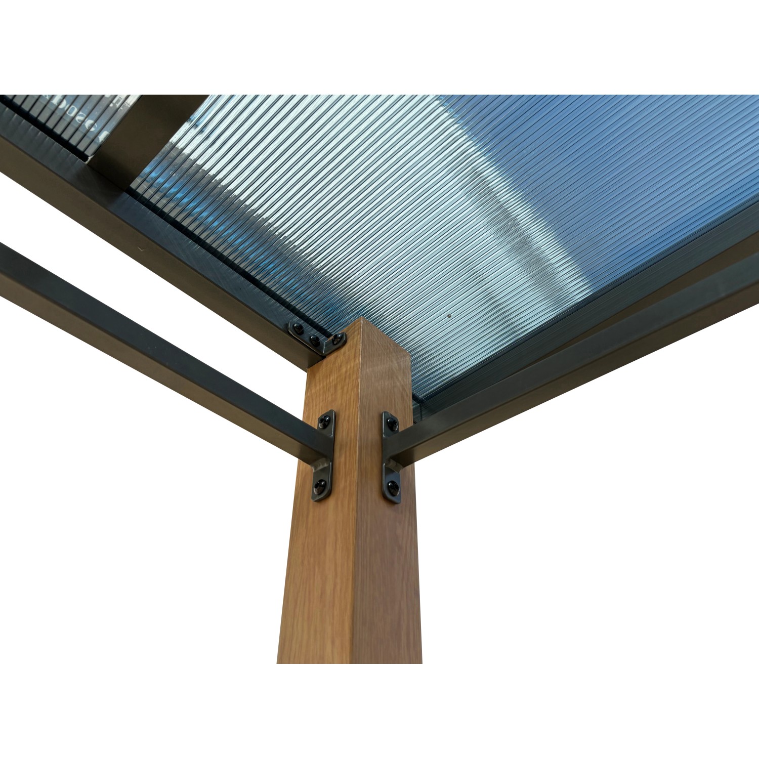 Detailansicht Leco Luxus-Grillpavillon mit Holzoptik, zeigt Pfosten, Dach und Rahmen.