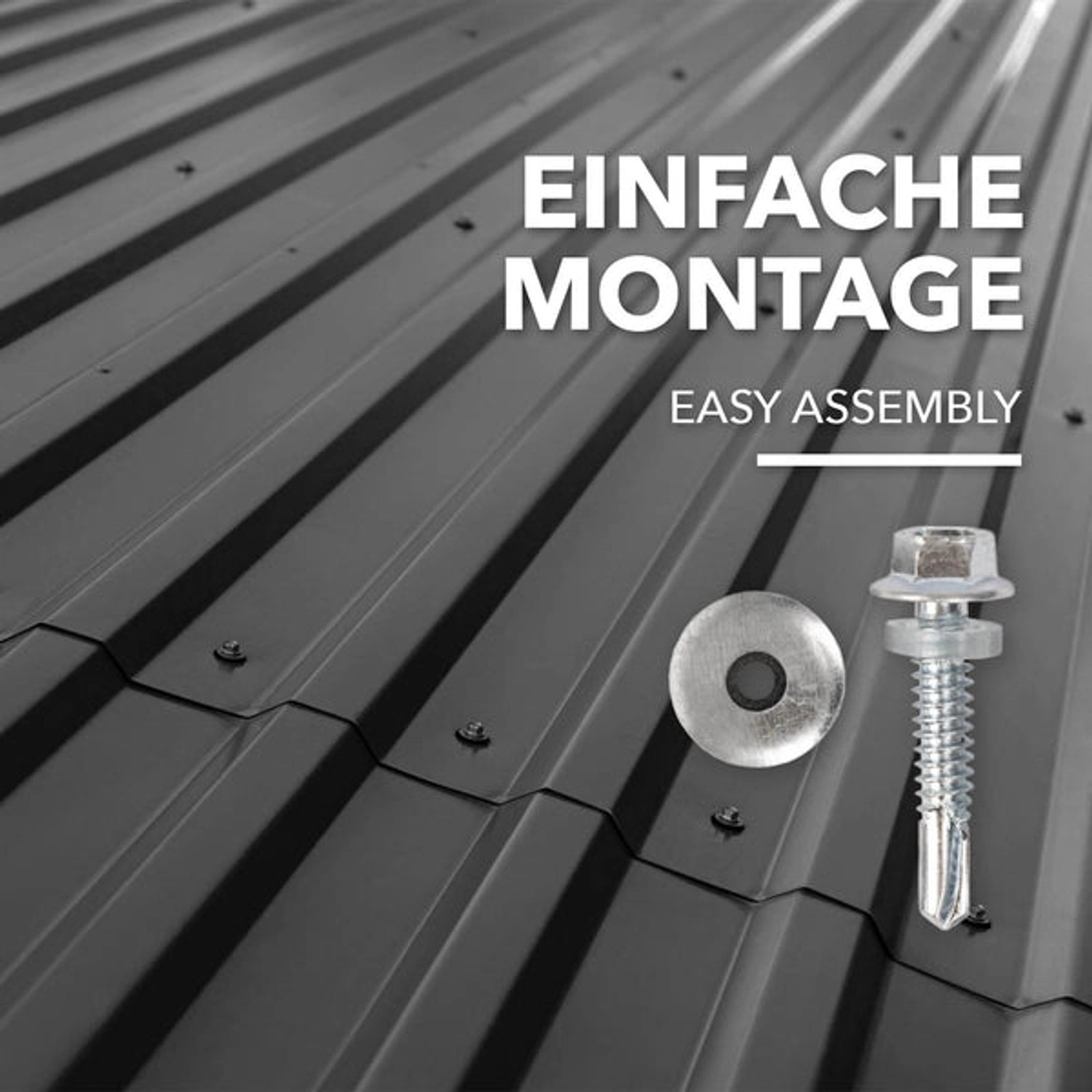 Schwarzes Karat Trapezblech mit Schraube und Dichtscheibe für einfache Montage.