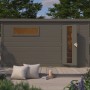 Terragraues Karibu Saunahaus Arvi 6 mit Glastür im Gartenambiente.