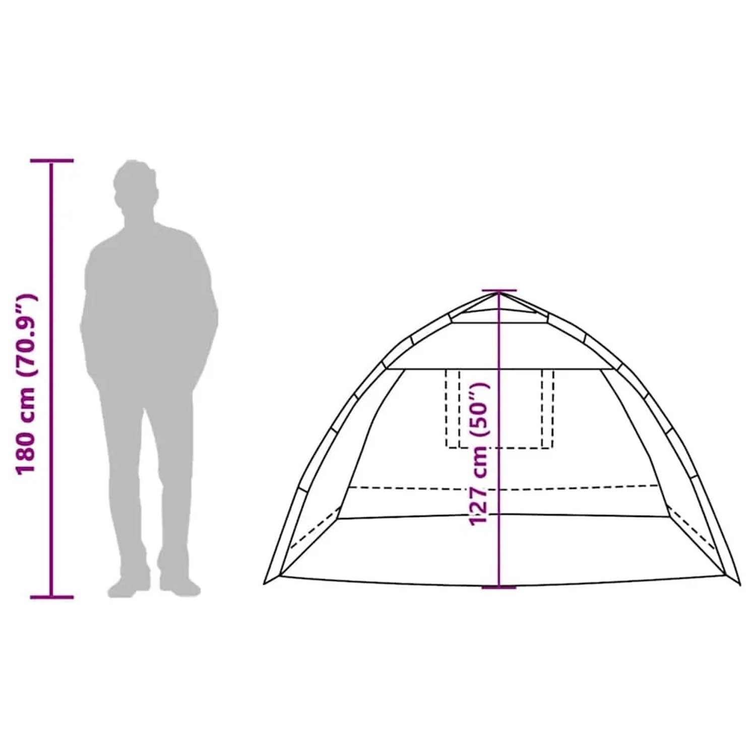 Skizze: vidaXL Strandzelt für 2 Personen, azurblau, mit Maßangaben.