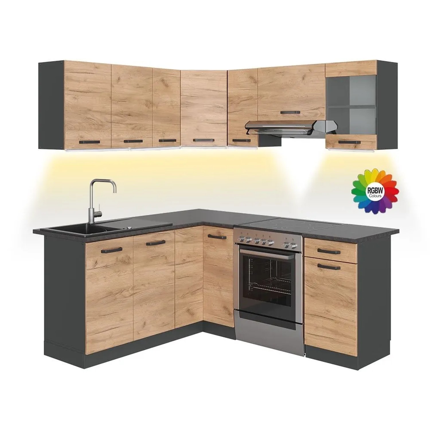 Vicco Eckküche R-Line Goldkraft Eiche/Anthrazit 187 x 82, AP Anthrazit mit LED-Leisten