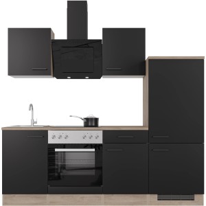 Flex-Well Exclusiv Küchenzeile Capri, 220 cm, Schwarz Matt/Endgrain Oak mit E-Geräten.