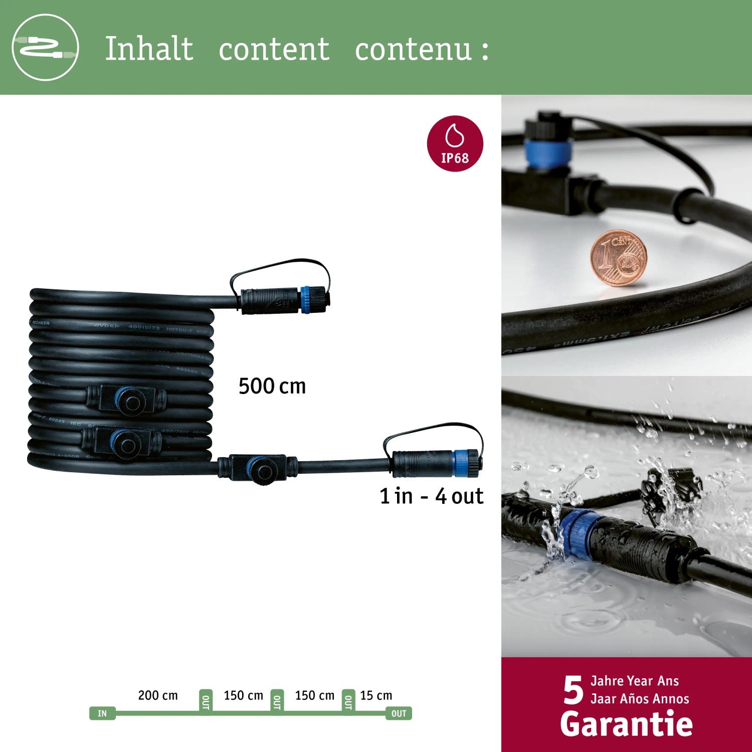 Paulmann Plug & Shine Verbindungskabel, 5m, mit 4 Ausgängen. Schwarzes Kabel für Außenbeleuchtungssysteme.
