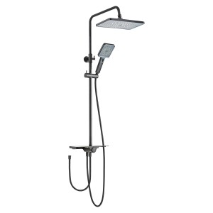 Schwarzes Schöner Wohnen Duschsystem Verina mit Kopf- und Handbrause, sowie Ablage.