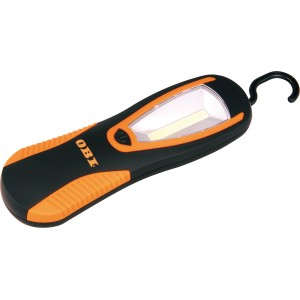 COB Arbeitsleuchte in Schwarz und Orange mit Haken. Taschenlampe für Werkstatt und Baustelle.
