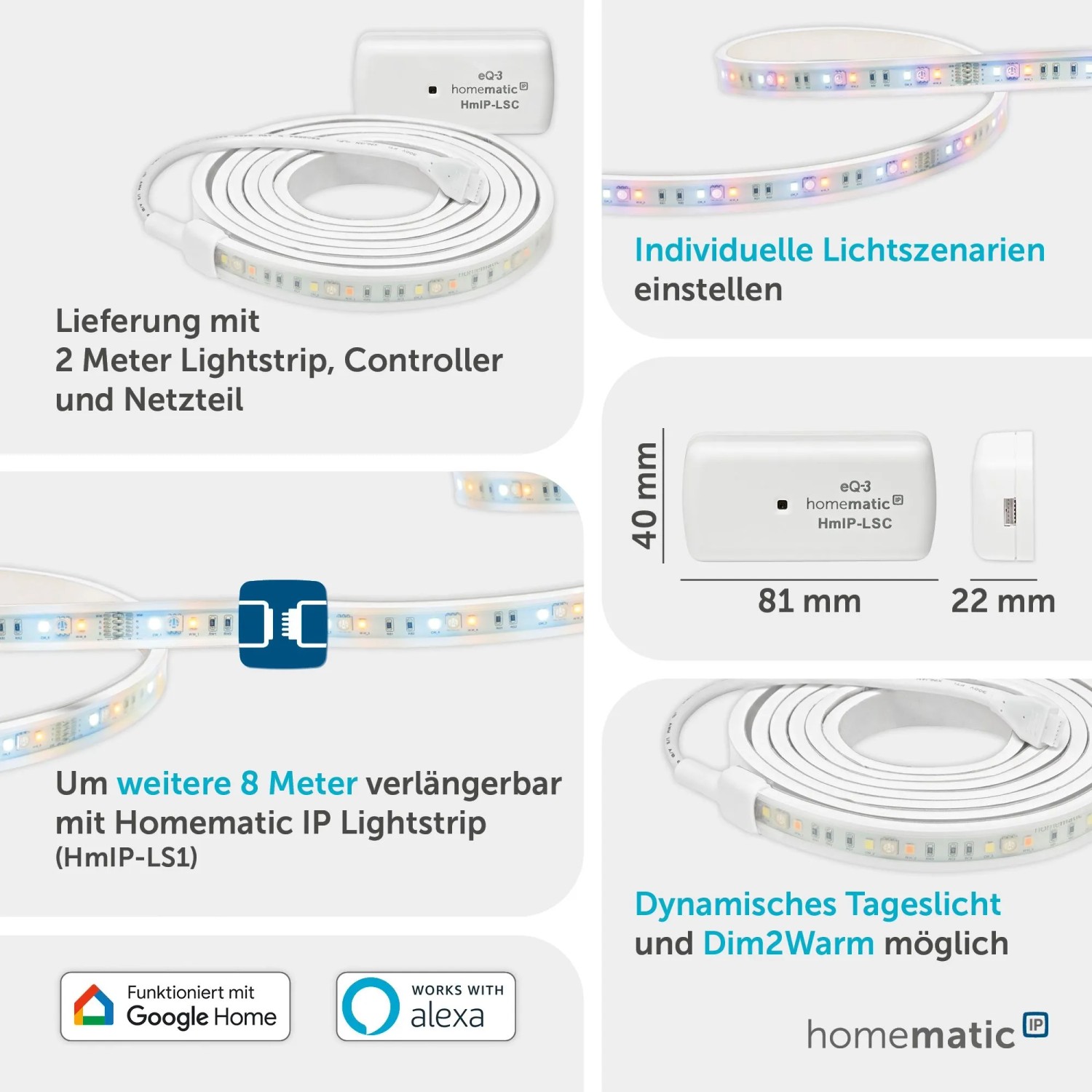 Homematic IP Lightstrip Set, 2 m: LED-Streifen, Controller und Netzteil für Hausautomation.