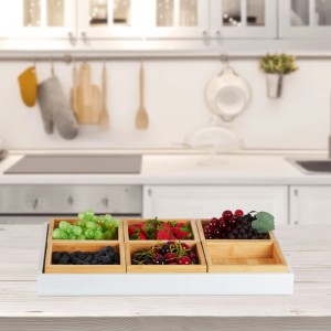 Relaxdays Snackschalen Set mit Serviertablett Bambus Natur Weiß 6 Schalen 47 cm x 32,5 cm x 5,5 cm 2,1 kg