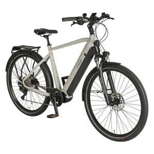 Graues Prophete Trekking E-Bike Entdecker 5.0 Herren mit AEG Mittelmotor und Gepäckträger.