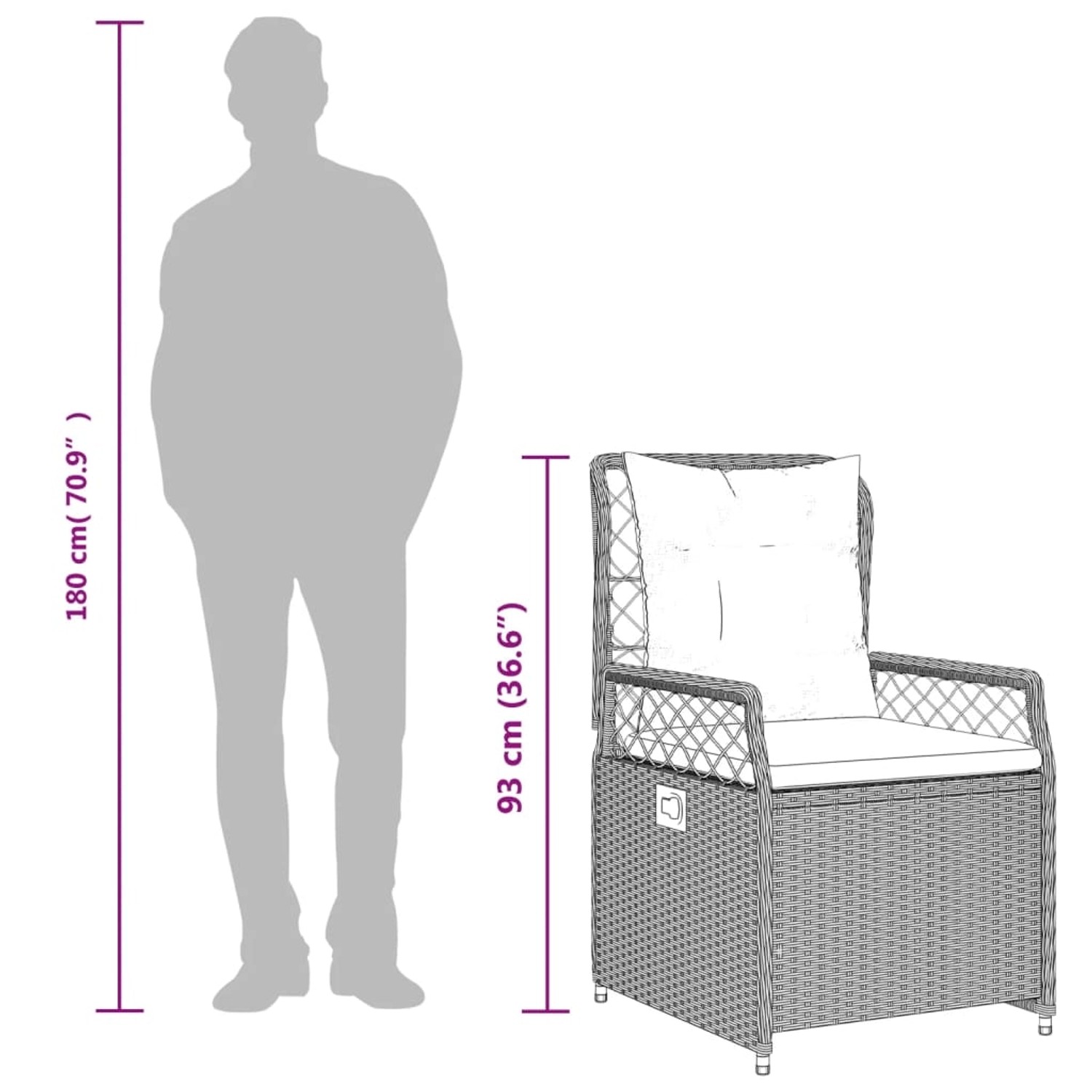 vidaXL Garten-Essgruppe, 7-teilig, beige Poly Rattan mit Kissen, Maße werden durch eine Person verdeutlicht.