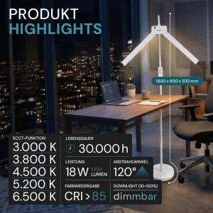 Weiße LUXULA LED Schreibtischlampe Doppelkopf auf Schreibtisch mit Laptop und Büromaterial.