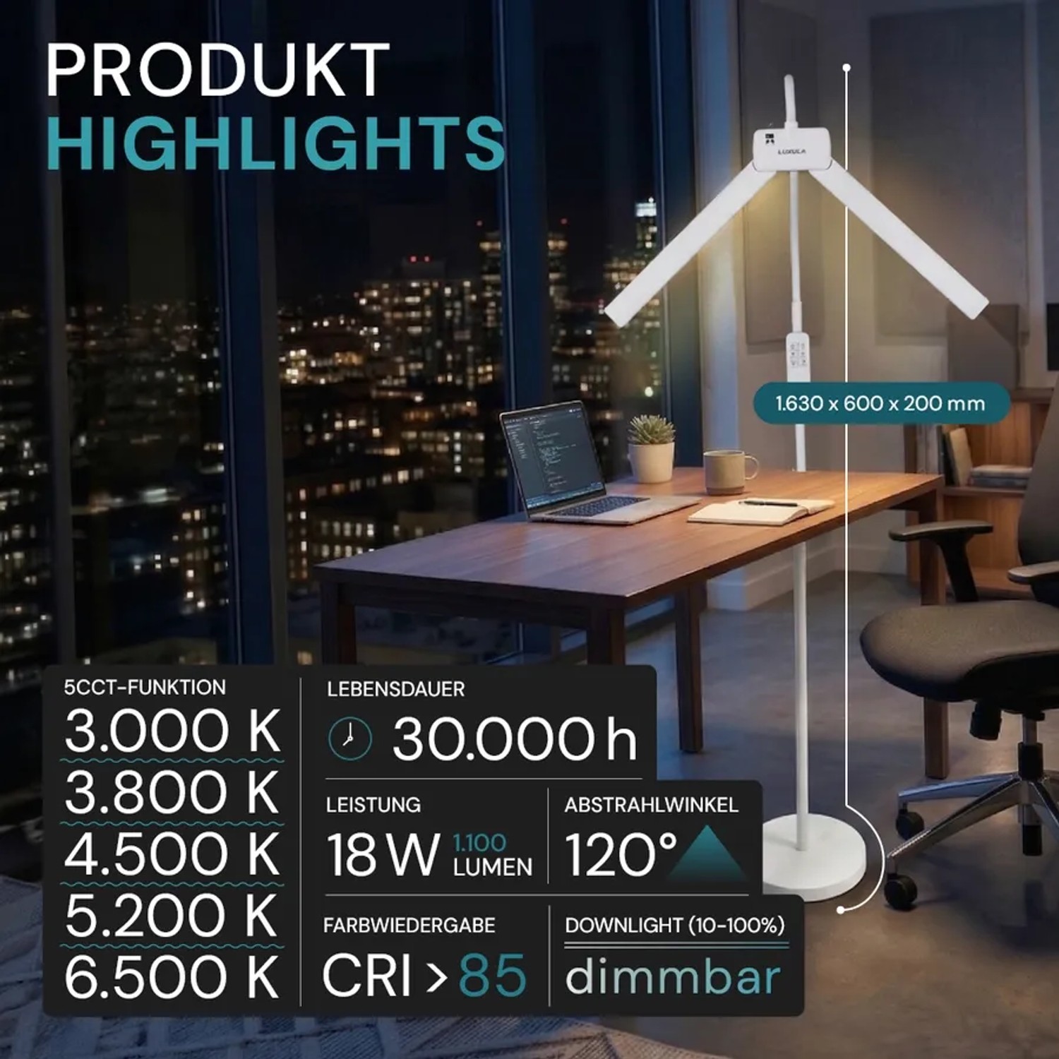 Weiße LUXULA LED Schreibtischlampe Doppelkopf auf Schreibtisch mit Laptop und Büromaterial.