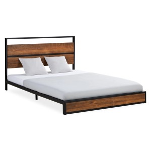 Schwarzes Metallbett 140x200 mit Holzdetails, Homestyle4u Doppelbett im Industrial Look.
