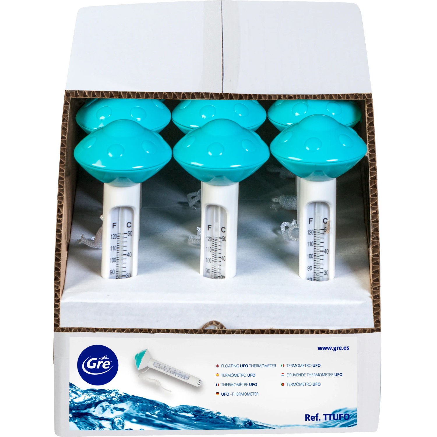 Gre Pool Thermometer Ufo im Karton, Wassertemperaturanzeige in °C und °F.