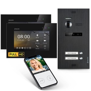 Balter EVO-HD Video-Türsprechanlage mit App für 2-Familienhaus, mit Monitoren und Smartphone-Ansicht.