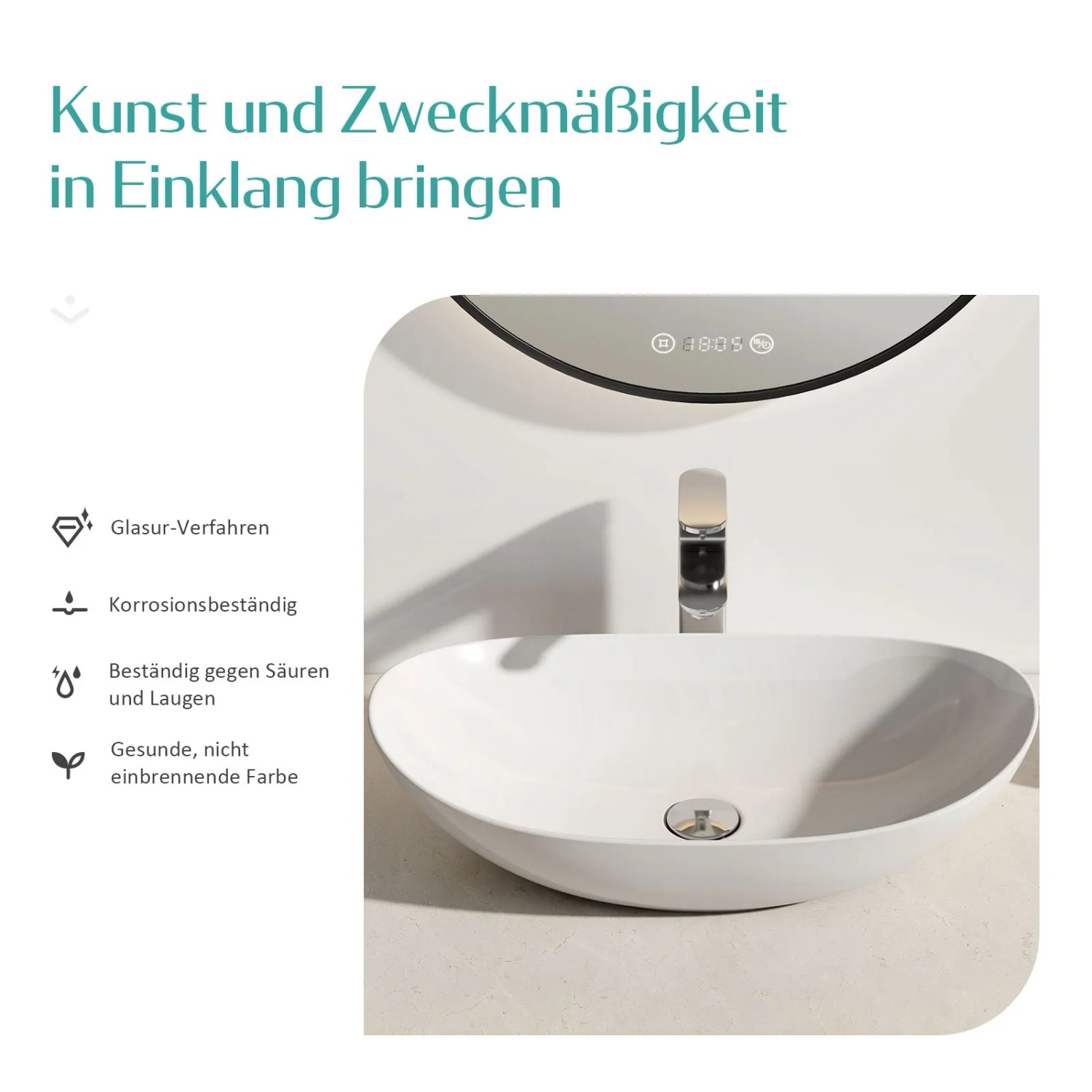 Ovales, weißes Emke Handwaschbecken aus Keramik als Aufsatzwaschbecken.