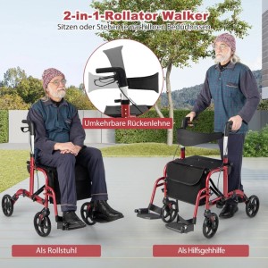 Costway Rollator, rot, faltbar, mit Sitz und Tasche. Als Rollstuhl und Gehhilfe nutzbar.