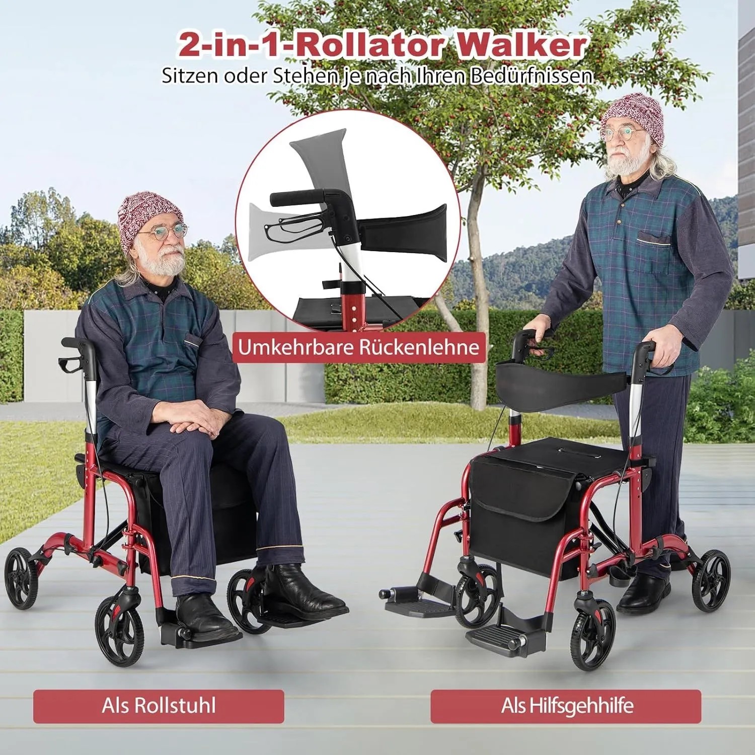 Costway Rollator, rot, faltbar, mit Sitz und Tasche. Als Rollstuhl und Gehhilfe nutzbar.