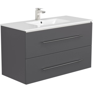 Posseik Waschplatz Homeline, 100 cm, Anthrazit: Einzelwaschtisch mit weißem Becken und Unterschrank mit zwei Schubladen.