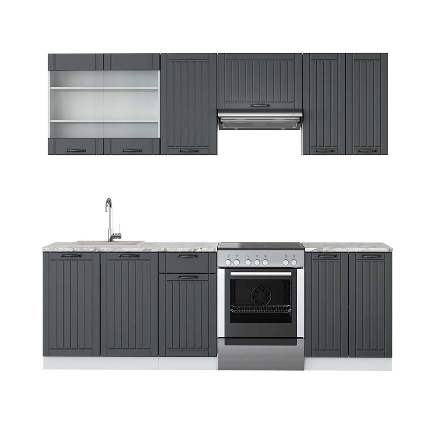 Vicco Fame-Line Küchenzeile Anthrazit Landhaus/Weiß 240 cm AP Marmor günstig online kaufen