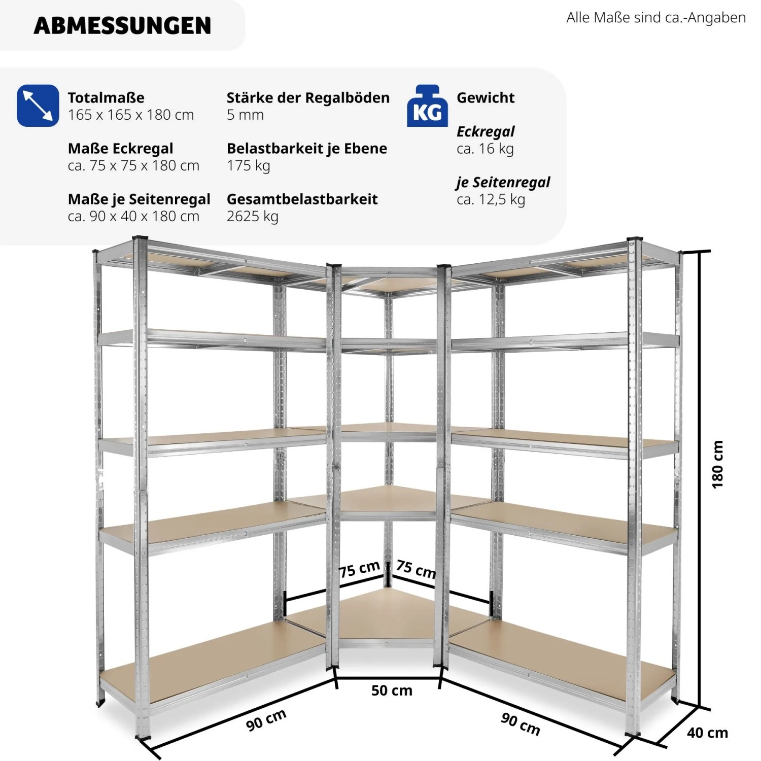 Tectake Schwerlastregalsystem Gustav 3 Teilig  2 In 1 Verwendung Als Werkbänke Verzinktes Stahlgestell  165 x 165 x 180 cm Silber_6