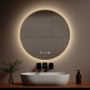 Runder LED Badspiegel, 70 cm, mit gebürstetem Goldrahmen, Antibeschlag, Uhr und Temperaturanzeige.