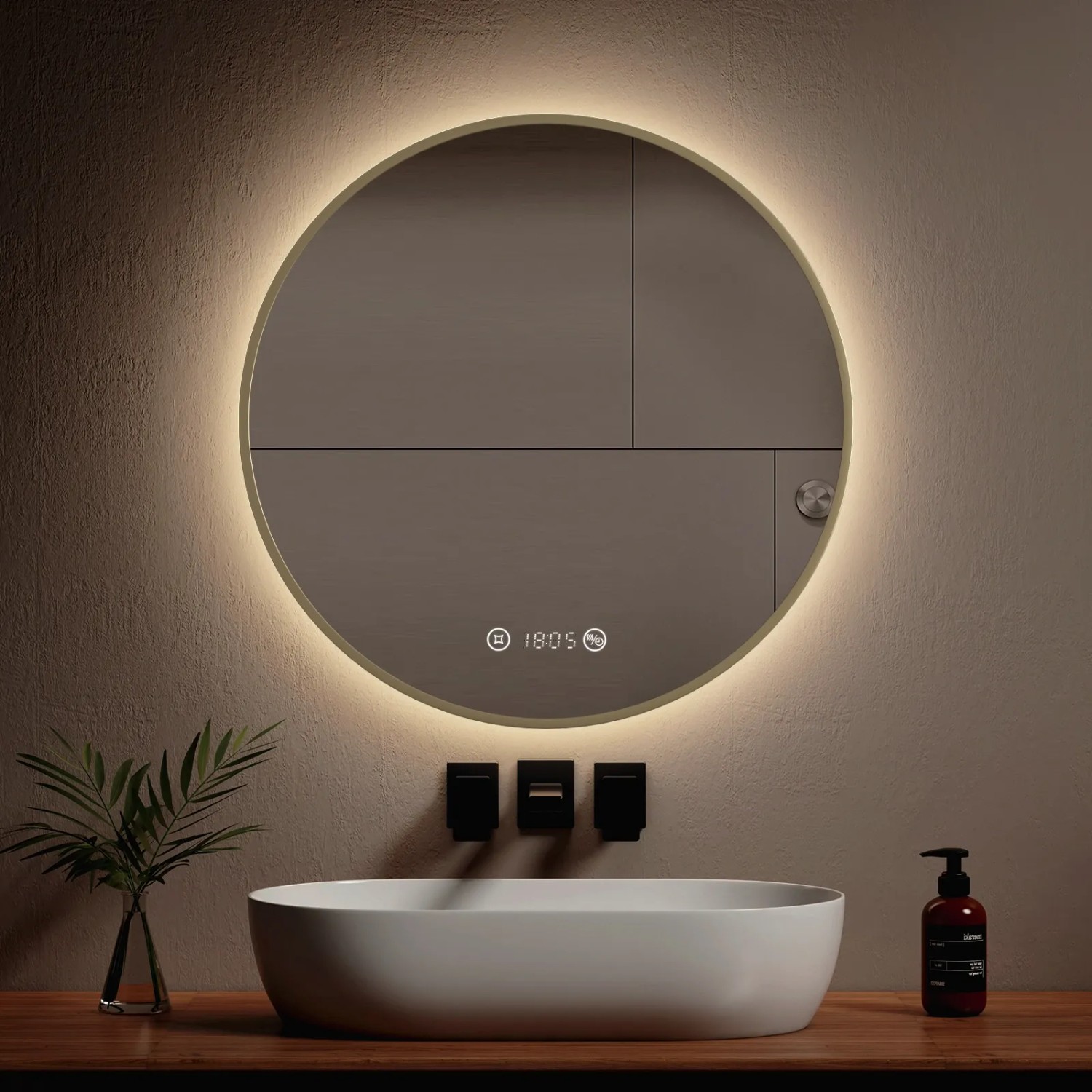 Runder LED Badspiegel, 70 cm, mit gebürstetem Goldrahmen, Antibeschlag, Uhr und Temperaturanzeige.