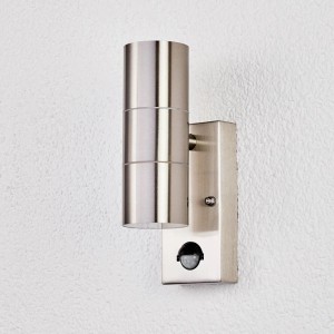 Moderne Lindby Außenwandleuchte Eyrin mit Bewegungsmelder aus Edelstahl, 2-flammig.