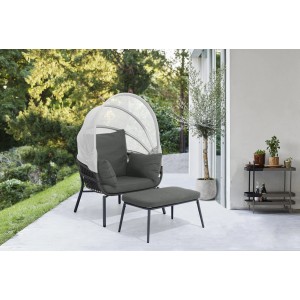 Anthrazitfarbener Leco Sessel Clara mit Fußhocker und Sonnendach für den Garten.