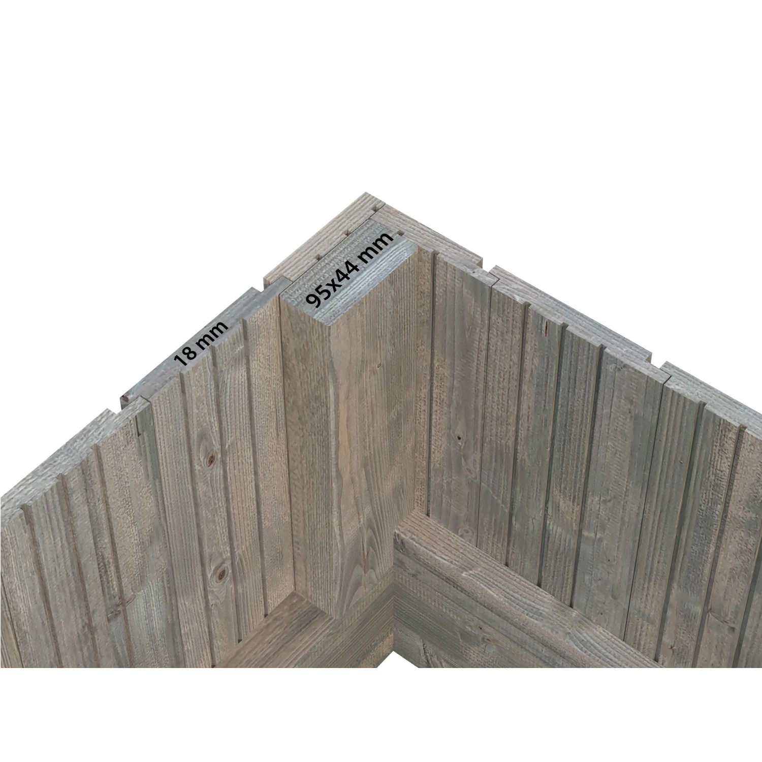 Detailaufnahme des Holzrahmens (grau) vom Palmako Gewächshaus Emilia 19, mit Maßangaben.