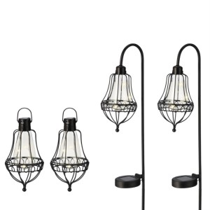 4 schwarze Marelida LED Solar Laternen aus Metall: 2 hängend, 2 mit Erdspieß. Dekorative Gartenleuchten mit Sensor.
