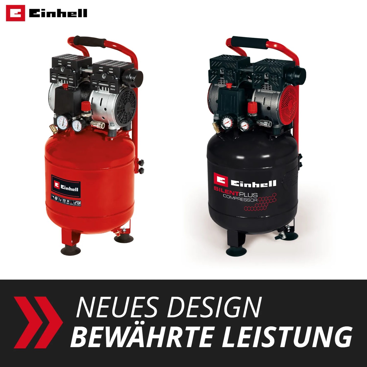 Einhell Kompressor TE-AC 135/24 Silent Plus in Rot und Schwarz. Flüsterkompressor mit 24 l Tank.