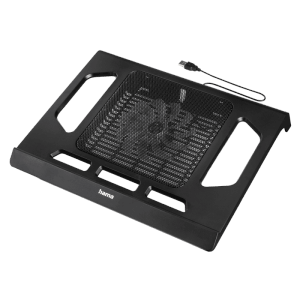 Schwarzer Hama Laptop-Kühler Black Edition mit USB-Anschluss und Lüftergitter.