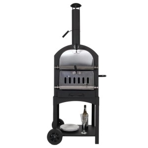 Schwarzer MCW Holzkohlegrill N15 Pizzaofen aus Stahl mit Rädern, Temperaturanzeige und Ablage für Outdoor.