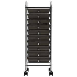 Schwarzer Rollcontainer mit 10 Schubladen aus Kunststoff und Chrom von vidaXL.