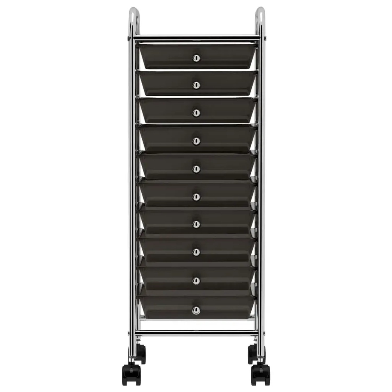 Schwarzer Rollcontainer mit 10 Schubladen aus Kunststoff und Chrom von vidaXL.