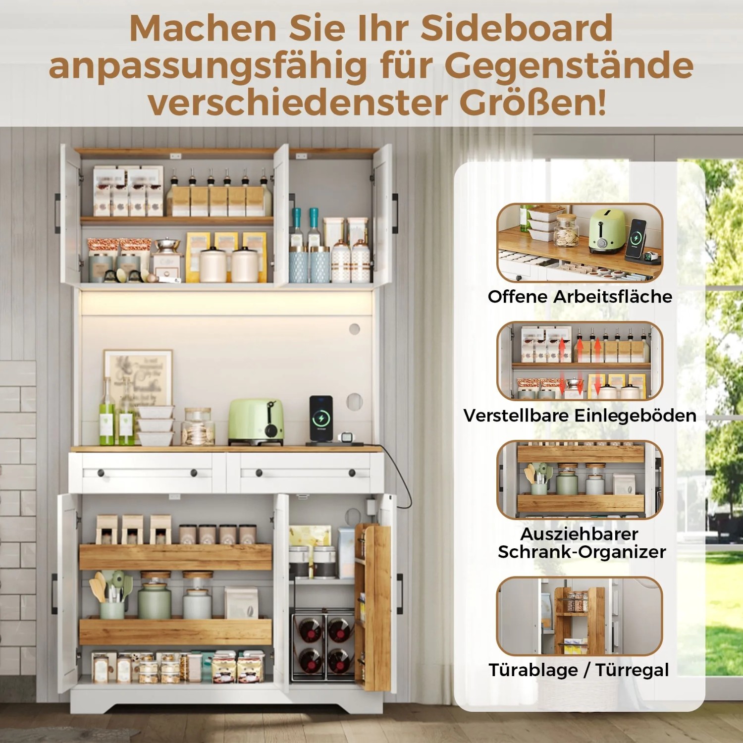 Merax Küchenschrank 180x100x40 cm LED Steckdosen Ausziehbarer Organizer Türablage_9