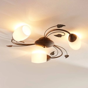 Lindby Deckenlampe Stefania, braun antik, 3-flammig. Retro-Design mit floralen Glas-Schirmen für Wohnzimmer.