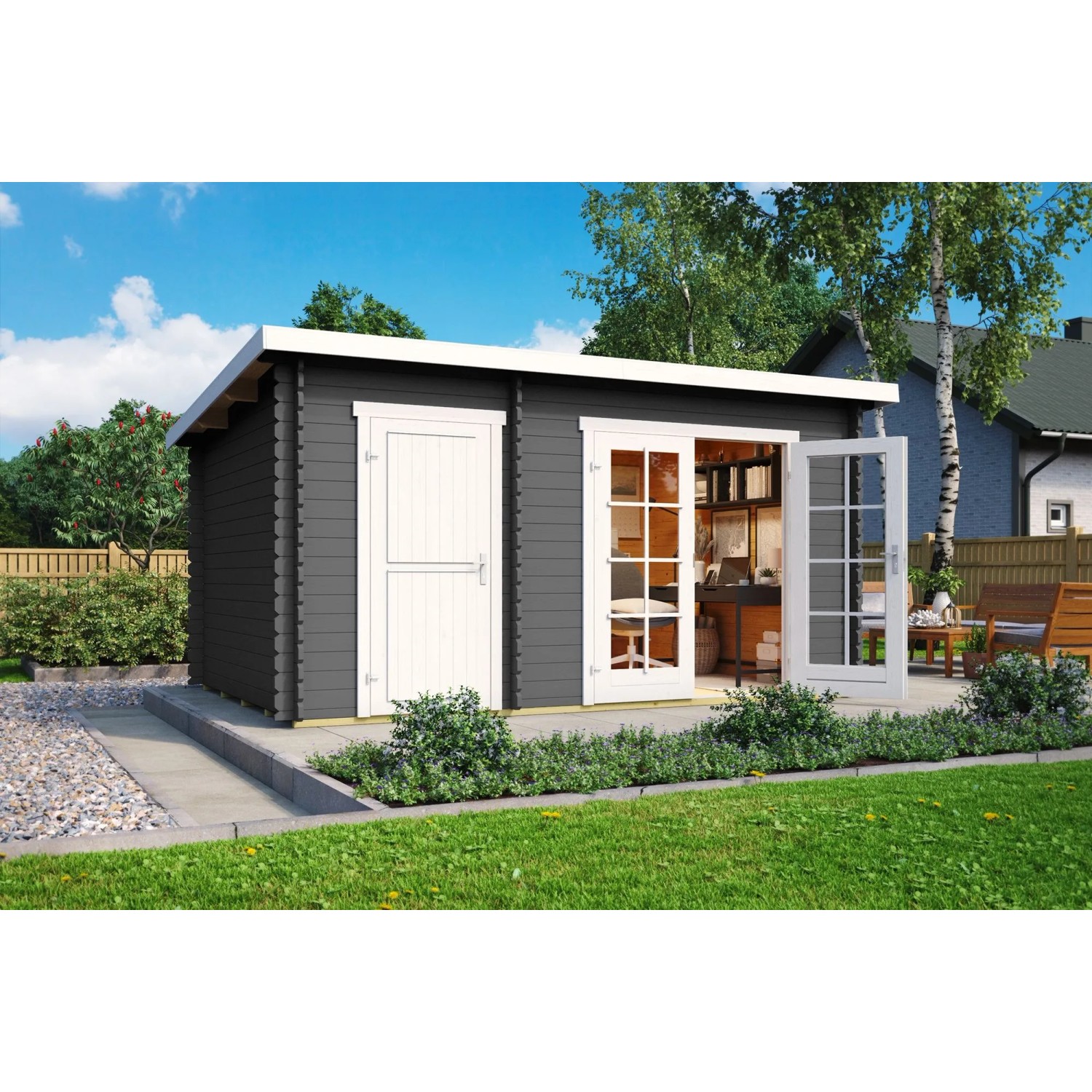 Lasita Gartenhaus Belmont 1 in Carbongrau mit Doppeltür und Flachdach. Holz-Gartenhaus mit 9,15 m² Grundfläche.