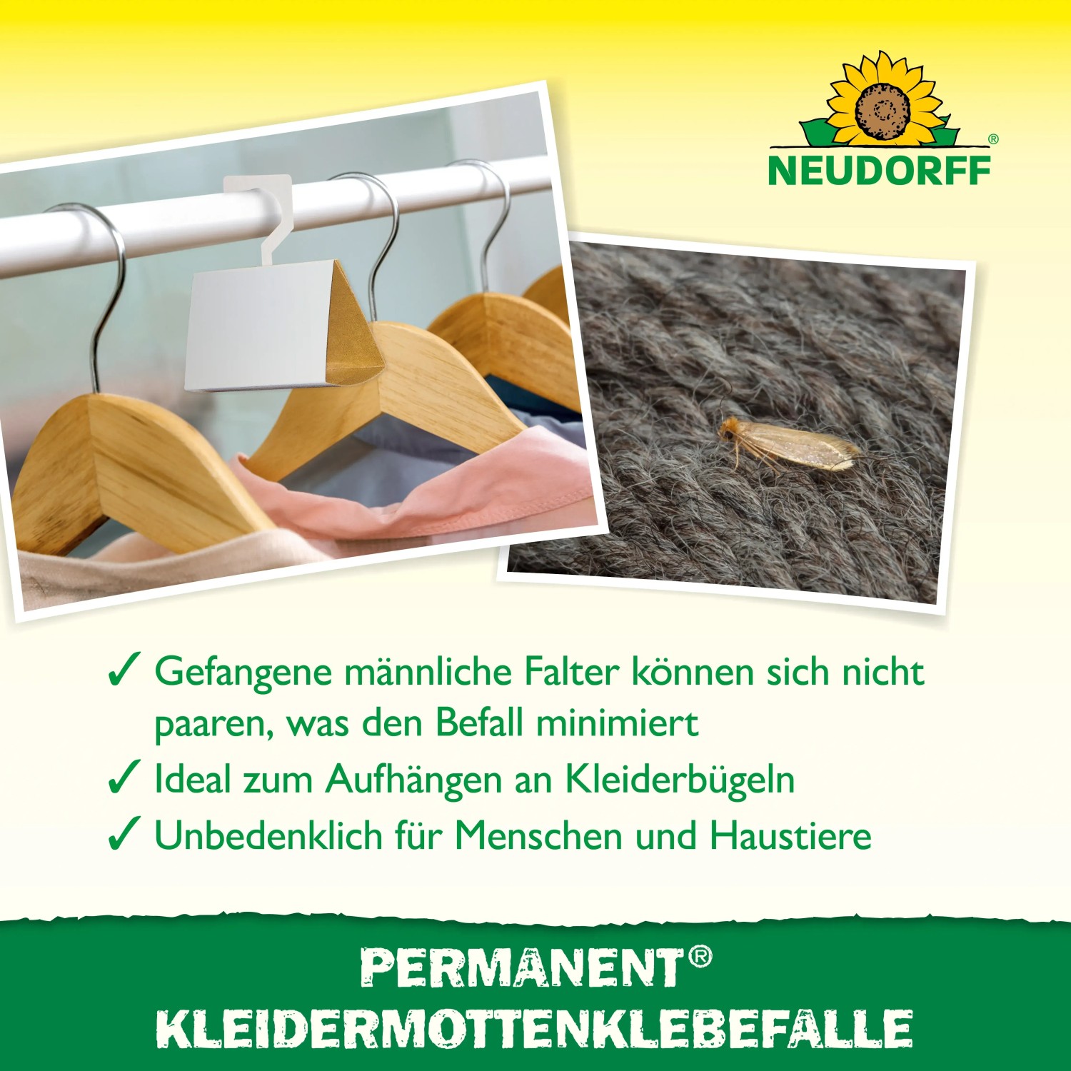 Neudorff Kleidermottenfalle: Klebefalle an Kleiderstange und Detailaufnahme einer Motte auf Wolle.