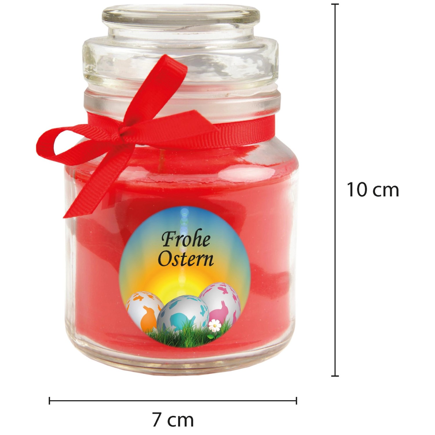 Duftkerze "Frohe Ostern" im Glas mit rotem Wachs und Schleife, Ø7cm. Osterdeko.