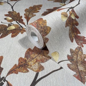 Marburg Vliestapete Nussbaum Floral Braun-Gold, Rolle. Dekorative Tapete mit Eichenlaub und Eicheln.