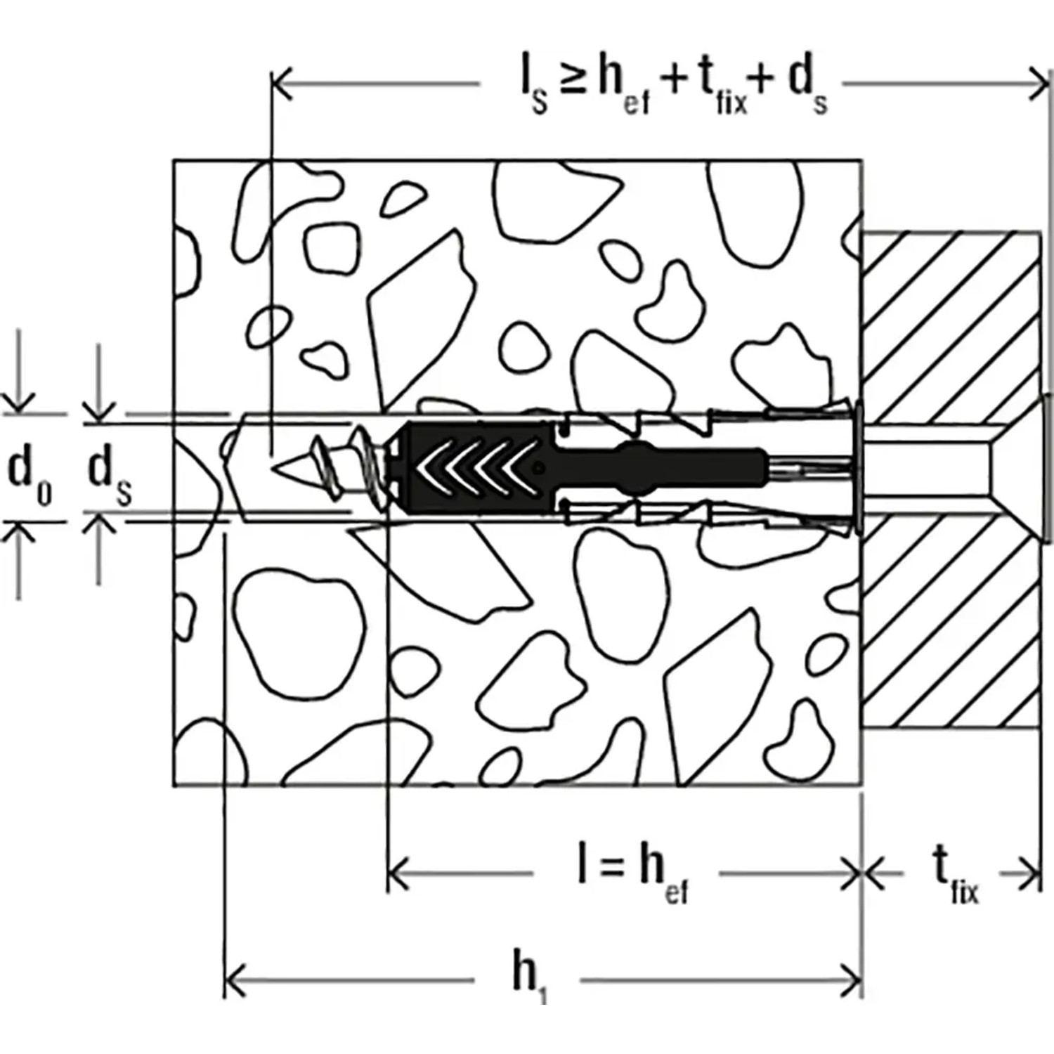 Schemazeichnung Fischer Dübel DuoPower 8x65 mit Schraube im Mauerwerk.