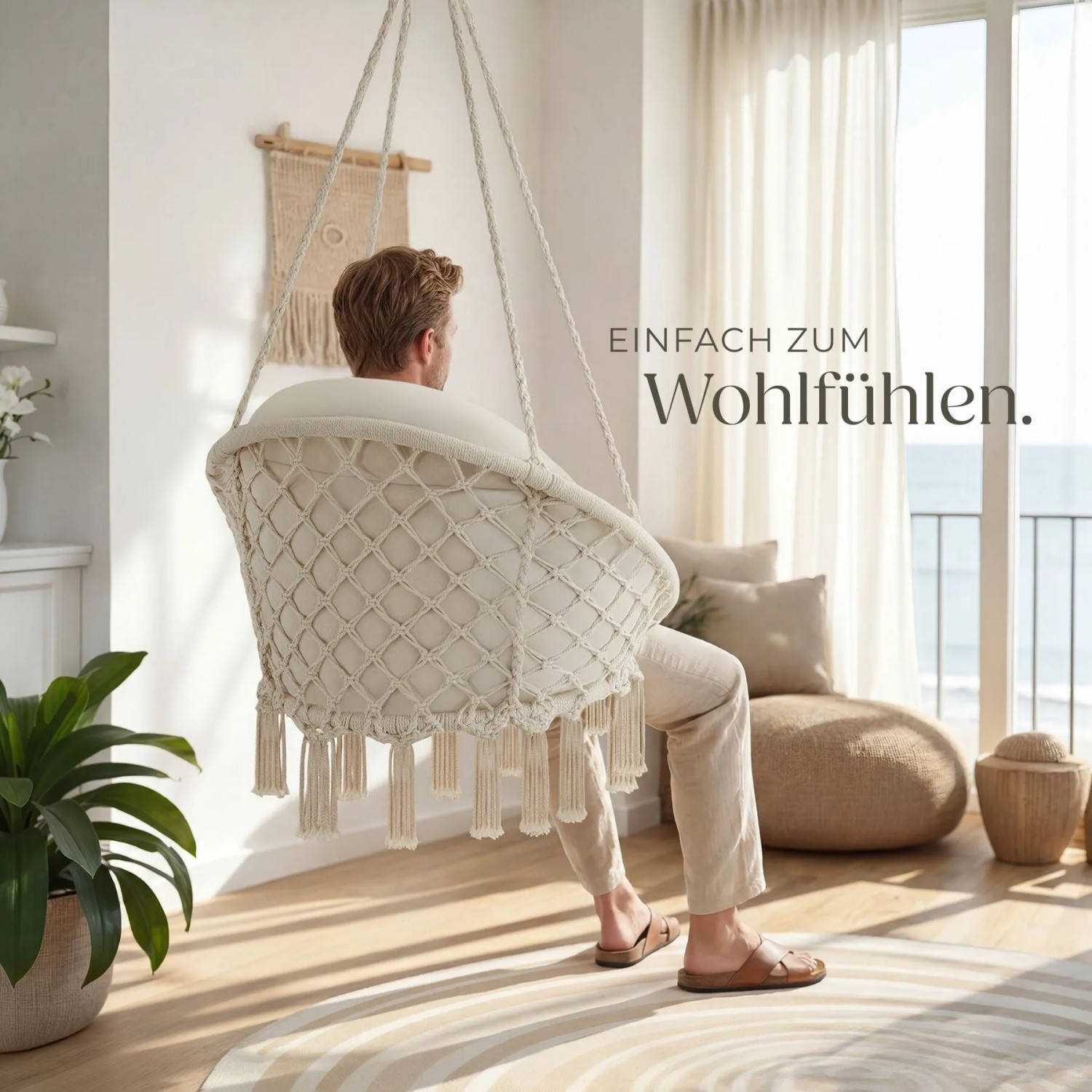 Tectake Hängesessel Samira Mit Dickem Sitzkissen Stabile Halteseile 81 x 80 x 139 cm Beige_8