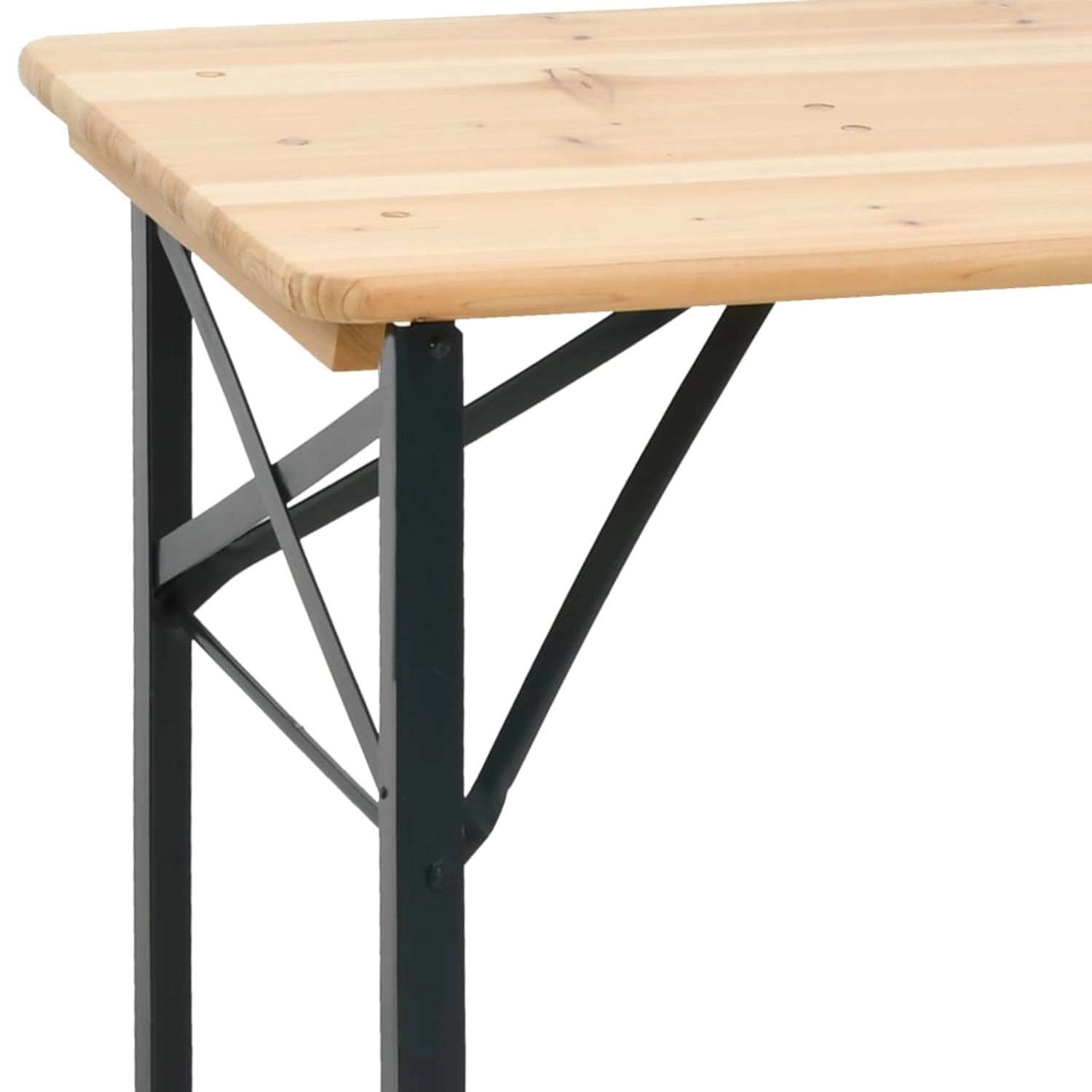 Detailansicht: Klappbares Biertisch-Set aus Tannenholz mit Metallgestell für Garten und Outdoor.