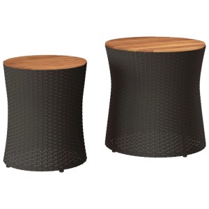 vidaXL Garten-Beistelltische, 2er Set, schwarz, Poly Rattan mit Holzplatte.