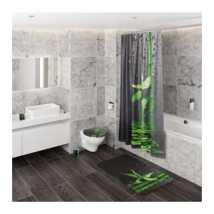 Badezimmer mit Sanilo Bad-Accessoires im Bambus-Design: WC-Sitz, Duschvorhang, Badematte und Seifenspender.
