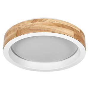 Runde Osram LED-Deckenleuchte Orbis Mariano mit Holz-Ring und weißem Metallgehäuse. Modernes Design für Wohnräume.