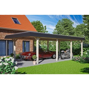 Skan Holz Carport Wendland mit Alu-Dach in Schwarz, naturbelassenes Holz, mit PKW und Motorrad
