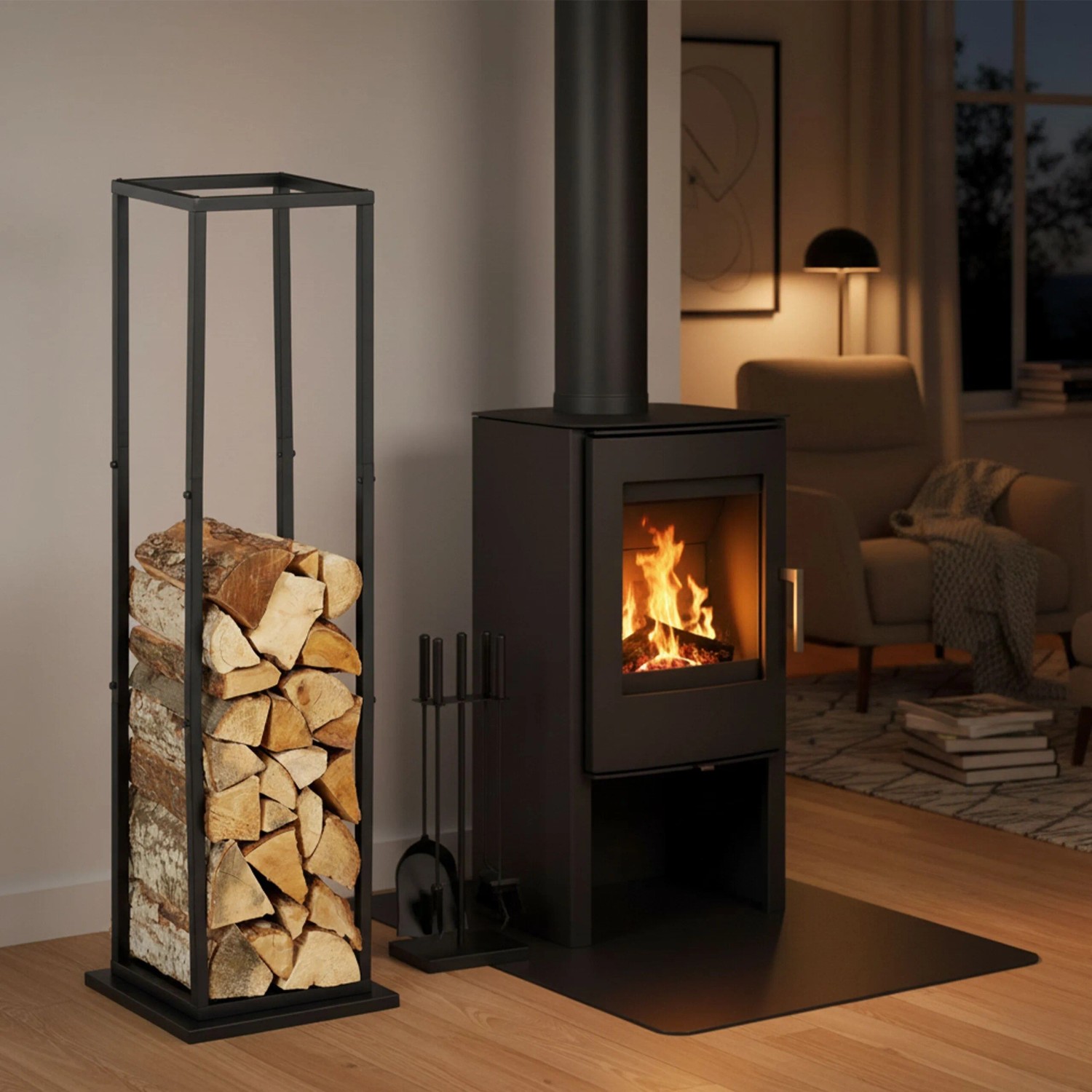 Relaxdays Kaminholzregal aus schwarzem Stahl mit Brennholz neben einem brennenden Kamin im Wohnzimmer.