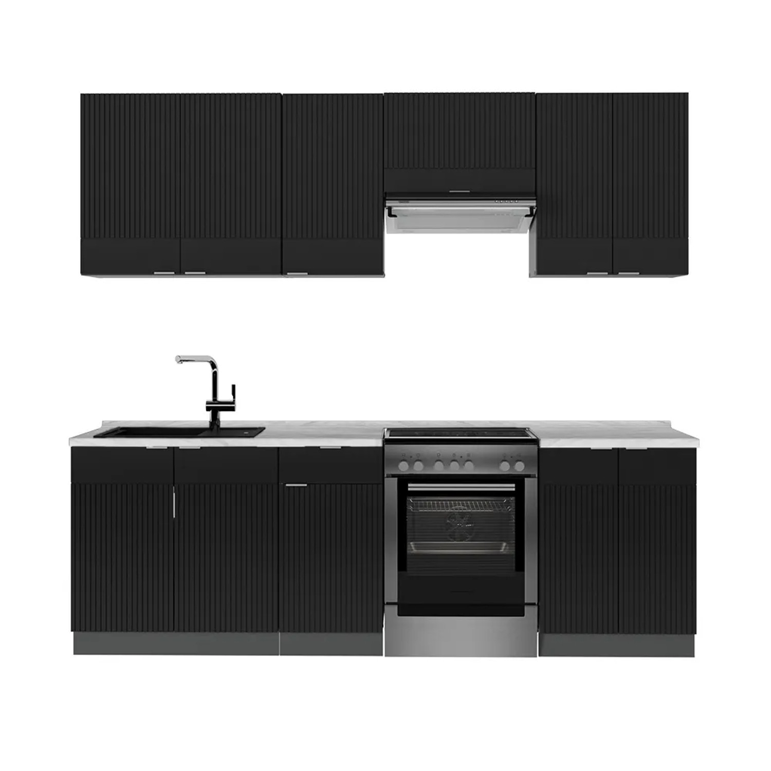 Vicco Fame-Line Küchenschränke Schwarz gestreift/Anthrazit 240 cm AP Marmor ohne E-Geräte